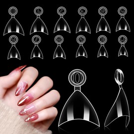 LIONVISON 600PCS Short Stiletto Nail Tips: Short Nail Tips Half Cover Clear Nail Tips with Handles for Acrylic Nail Salon with Box 12 Sizes