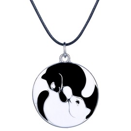 Yumilok Retro Black White Double Cat Kitten Round Pendant Necklace Alloy Locket Chain Pendant for Men and Women, Metal Leather, No Gemstone