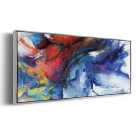 Renditions Gallery Abstract Symphony Floater Framed Wall Art Blue & Red Colorful Burst Artwork Canvas Prints & Paintings for Resturant Office School - 12"X30" SILVER Frame GAL027