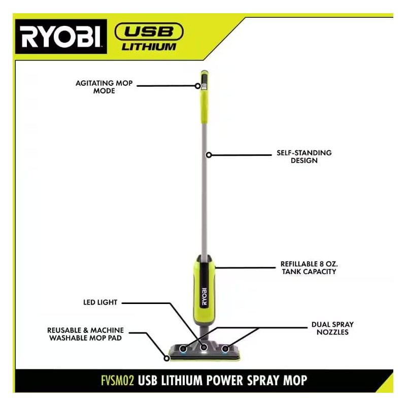 RYOBI USB Lithium Cordless Agitating Spray Mop Kit with 2.0