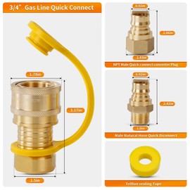 3/4'' Natural Gas Quick Connect Fittings - 4 PCS Solid Brass Propane Quick Connect Fitting with Sealed Connection for Gas Grill, RV, Fire Pit, Heater, Generator
