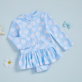 M9ppzzur7 Toddler Baby Girls Romper Rash Guard Daisy Print Long Sleeve One-Piece Ruffles Baby Infant Girl Bathing Suit (Blue, 2-3 Years)