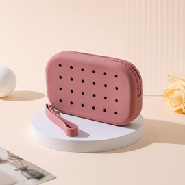 HHQQWZ Portable Silicone Makeup Bag for Women, Small Travel Toiletry Cosmetic Bag with Decorative Holes, Zipper Closure Organizer Makeup Case with Handle (Red)