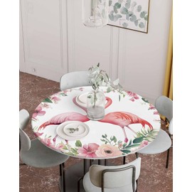 JKDXAL VINW Round Fitted Tablecloth with Elastic Edge, Tropical Pink Flamingo Couple Waterproof Oil Proof Table Cover, Summer Watercolor Floral Indoor Outdoor Table Cloth Fits 36"x44" Round Table