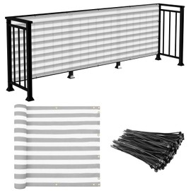 E&K Sunrise 3' x 12' Balcony Privacy Fence Screen Cover with Zip Ties Outdoor Screen Fence UV Protection for Deck Patio Backyard Apartment Pool Porch (Gray White Strip)