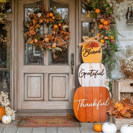 Vercraft 35 Inch Pumpkin Porch Standing Thanksgiving Decor Wood Fall Stacked Pumpkins Outdoor Wooden Welcome Home Sign for Home Farmhouse Harvest Mantel Party
