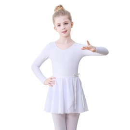 FONLAM Girls' ballet dress, ballet leotard, long sleeve dance dress, leotard, dance body, ballet skirt, children's ballet suit, cotton, White
