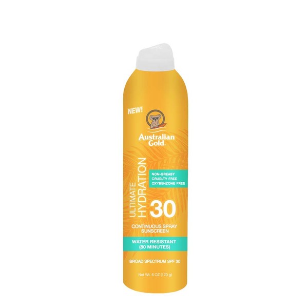 Australian Gold Continuous Spray Sunscreen SPF 30, 6 Ounce Dries Fast Broad Spectrum Water Resistant Non-Greasy Oxybenzone Free Cruelty Free