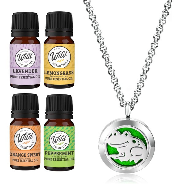 Wild Essentials Happy Frog Necklace Essential Oil Diffuser Kit with Lavender, Lemongrass, Peppermint, Orange Oils, 12 Refill Pads, Calming Aromatherapy Gift Set, Customizable Color Changing, Perfume