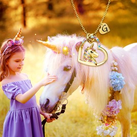PYXC Valentines Day Gifts - Unicorn Necklace Gifts for Girls, Gold CZ Heart Unicorn Jewelry Initial Girls Birthday Colorful Heart Necklace Birthday present, 16"+2", Copper, Cubic Zirconia