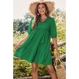Dokotoo Sundresses for Women 2025 Casual V Neck Drawstring Embroidered Boho Dresses Fashion Vacation Dress Half Sleeve High Waist A Line Mini Dress Easter Dresses for Women Dark Green X-Large