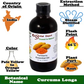 Essential Depot Turmeric Root Essential Oil - GC/MS Tested - Supplied in 4 oz. Amber Glass Bottle with Black Phenolic Cone Lined and Safety Sealed Cap