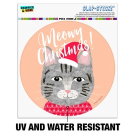 Meowy Merry Christmas Cat in Sweater and Hat Automotive Car Window Locker Circle Bumper Sticker