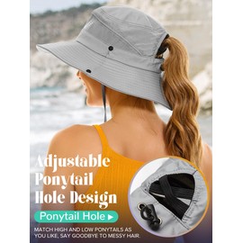 Sun Hat with Ponytail Hole for Women,Sun UV Protection UPF50+ Waterproof Beach Bucket Safari Hiking Hat for Women Grey