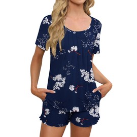 Ekouaer Pajama Set for Women 2 Piece Lounge Set Short Sleeve Loose T Shirts Pleated Tunic and Shorts Soft Sleepwear