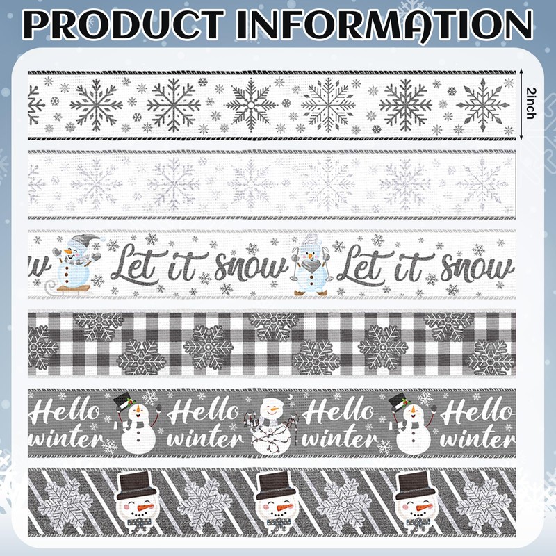 6 Rolls 30 Yard Winter Wired Ribbon 2 Inch Snowflake
