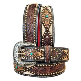 DANIEL'S ARTPLANET Western Belt for Men Full Grain Leather Cowboy Belt 1.5” Wide With Buckle Handmade Engraved Tooled (Style #1, 34 (fits size 30 jeans))