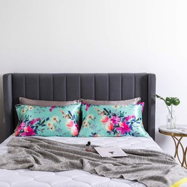 DuShow Satin Pillow Cases 2 Pack - Floral Silky Pillowcase for Hair and Skin Standard Size with Zipper Closure,Green,50x75 cm