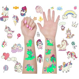BUYLONG Luminous Tattoos for Kids, Unicorn Tattoos for Kids, Unicorn Party Favors Supplies, tattoo sticker，tattoos kids(glow + Metallic Glitter)