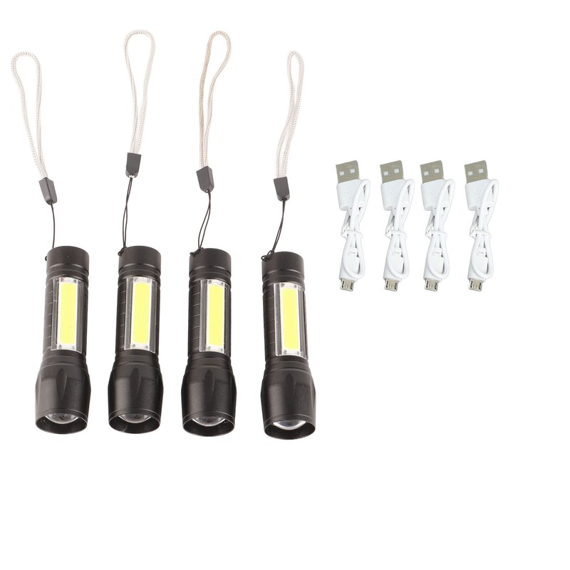 4Pcs Retractable Flashlight COB LED Zoom Flashlight Rechargeable Strong Light