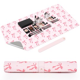 FYSUIMU Coquette Bow Makeup Mat Dual-Sided Leather Desk Pad Waterproof Pink Bow Makeup Table Cover for Vanity Top Protector Countertop Decor, 15.7 x 31.5 in