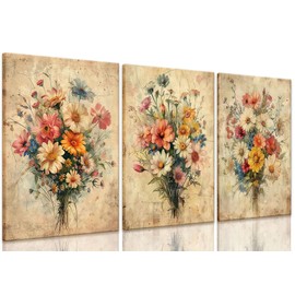 KISSFOX Framed Colorful Wildflower Canvas Wall Art Set Of 3 Flowers Pictures Prints Flowers Printing Floral Watercolors Flower wall Decor Living Room Girls Bedroom Bathroom