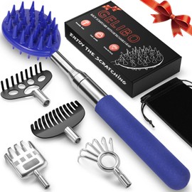 Gelibo Telescoping Back Scratcher with 5Pcs Detachable Heads,Fathers Day Dad Gifts from Wife Daughter Son,Mens Gifts,Husband, Extendable Back Massager Tool with Beautiful Box - Blue