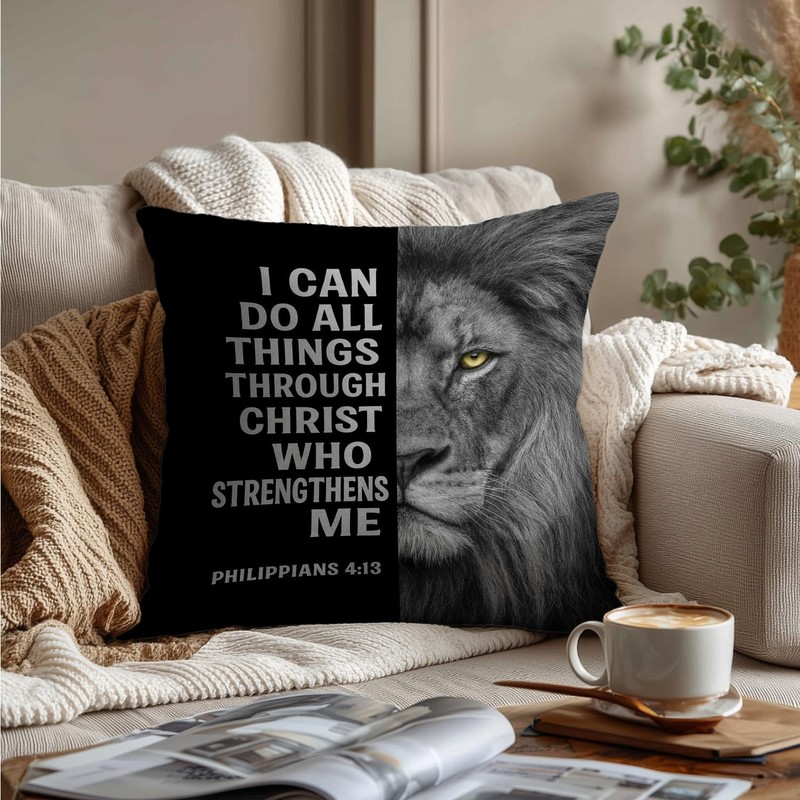 FOPENEM Inspirational Christian Lion Pillow Cover 18x18, I Can Do