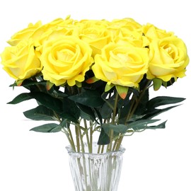 SITUMEIZI 15PCS Roses Artificial Silk Flowers Fake Roses Bouquet with Long Stem Real Touch for Wedding Decoration Party Home Decor(Yellow)