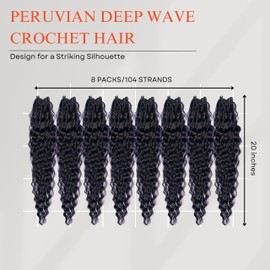 RAHELMO Peruvian Deep Wave Crochet Hair 20” - Deep Wave Crochet Braiding Hair Extensions - Curly Wave Hair Extension for Black Women and Girls - 8 Pk of 13 Strands/Pc (#1 Jet Black)