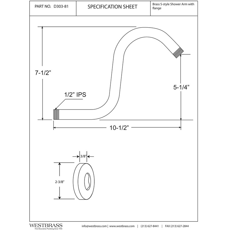 Westbrass 1/2" IPS x 8" S-Shaped Shower Arm and Flange,