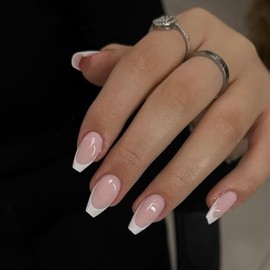 Sxvme 30 Uñas Postizas Cortas Con Punta Francesa Blancas, Uñas Postizas Cortas Con Forma De Ataúd, Uñas Acrílicas Francesas Con Pegamento, Uñas Postiz