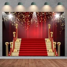 SADFA 10x6.5ft Golden Red Curtain Backdrop VIP Red Carpet Movie Photography Backdrop Golden Ribbon Awards Party Background Graduation Prom Dancing Party Supplies Birthday Wedding Photo Booth