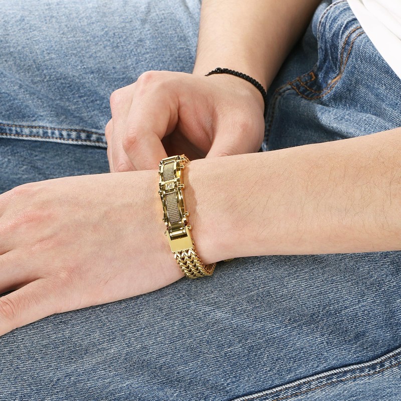 Klapgo Gold Stainless Steel Bracelet for Men with Cubic Zirconia,