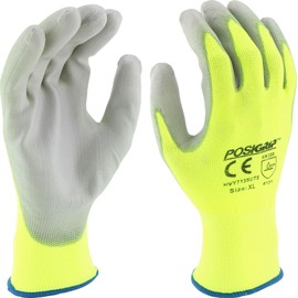 West Chester PosiGrip HVY713SUTS PU Palm Coated Polyester Gloves - [Pack of 12] Large, HI-VIS Yellow Dexterous Gloves with Touch Screen Fingertips, Knit Wrist
