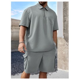 RoseSeek Men's Plus Size Two Piece Collared Neck Half Zipper T Shirts and Drawstring Shorts Clothing Set Light Grey 6X-Large Plus