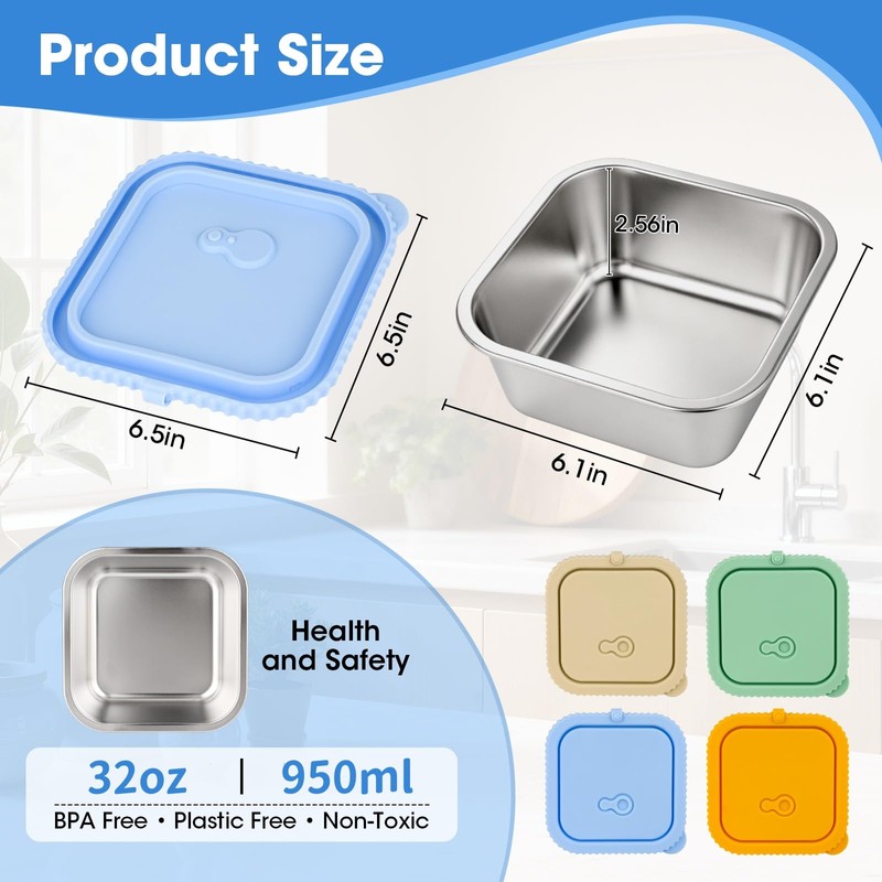 4 Pack 32oz Stainless Steel Sandwich Containers with Silicone Lids