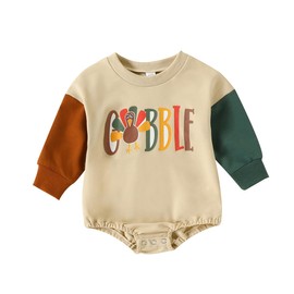 Newborn Baby Thanksgiving Bodysuit Boys Girls Gobble Turkey Sweatshirt Romper Tops Infant Long Sleeve Jumpsuit Clothes (Gobble 1-Beige, 3-6 Months)