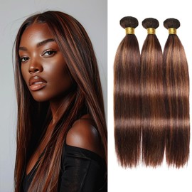 Highlight Human Hair Bundles Ombre Brown Straight Bundles 12 14 16 Inch Soft and Healthy 8A Brazilian Human Hair 3 Bundles