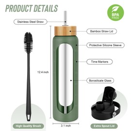 FULBEVY 32 oz Glass Water Bottles - 1 Liter Motivational Tumbler With Time Marker - Borosilicate Glass With Silicone Sleeve and 2 Lids, Handle Spout & Bamboo Straw Lid