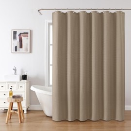 Waffle Weave Shower Curtain with Stainless Steel Hooks - 230 GSM Heavy Duty Fabric Bath Curtains, Hotel Luxury Quality, Water Resistant, Machine Washable, Weighted Hem, 72 x 72 Inches (Khaki)