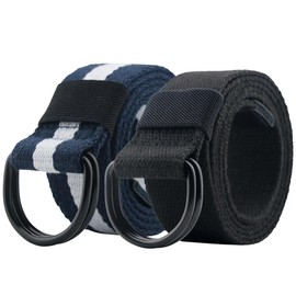 macoking 2 Pack Cloth Canvas Belts for Men with Double D Ring Buckle, Black&Stripe, 51in long for waist 40"-43"