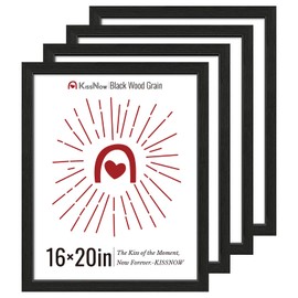 KissNow 16x20 Picture Frame 4 Pack, Textured Black Solid Wood, Wall Gallery Poster Frame