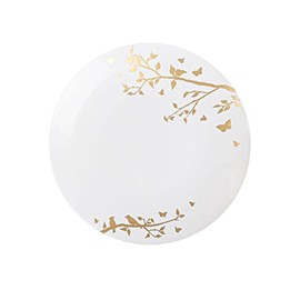 EcoQuality 7.5" inch Round White Plastic Plates with Gold Floral Design - Spring Flower Heavy Duty Large Disposable Charger Dinner Plate Weddings, Tableware, China Like Party Plates (110 PACK)