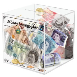 Viitech Clear Piggy Bank, 15 x 15 x 15cm Must Break to Open Acrylic Piggy Bank with 365 Days Saving Plan and Pen, Square Transparent Acrylic Money Saving Box for Budget and Save, Coin and Cash