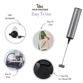 ilu Rechargeable Milk Frother | Drink Mixer | Coffee Frother Handheld with USB-C Charging, stainless steel body, foam, stirrer for Milk, Coffee, matcha, cappuccino, latte, egg [SILVER]