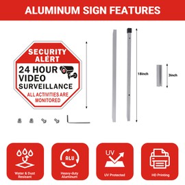 2 Pack 24 Hour Video Surveillance Sign With Stake, 12"x12" Security Alert All Activities are Monitored Warning Sign, Rust Free Reflective Aluminum, Private Property No Trespassing, Easy to Install