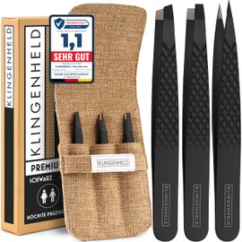 KLINGENHELD Professional Tweezers Set with ComfortGrip Tips and Non-Slip Handle - Maximum Hold and Highest Precision - Includes Cotton Case 100% Plastic-free & Sustainable - Tweezers Eyebrow Plucking
