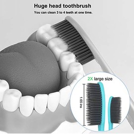 Cepillo de dientes EasyHonor de cabeza enorme, cepillo de dientes suave medio sin BPA para un cuidado dental adecuado, paquete de 4 con cerdas de carbón negro.