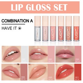 CAHIUYOA Light Lipgloss 6PCS Lip Gloss Set,Nude Pink Lip Gloss Kit Shine Glossy and Moisturizing,Lip Plumping Lip Gloss Pack Bulk Liquid Lipstick for Women Girls-Set A